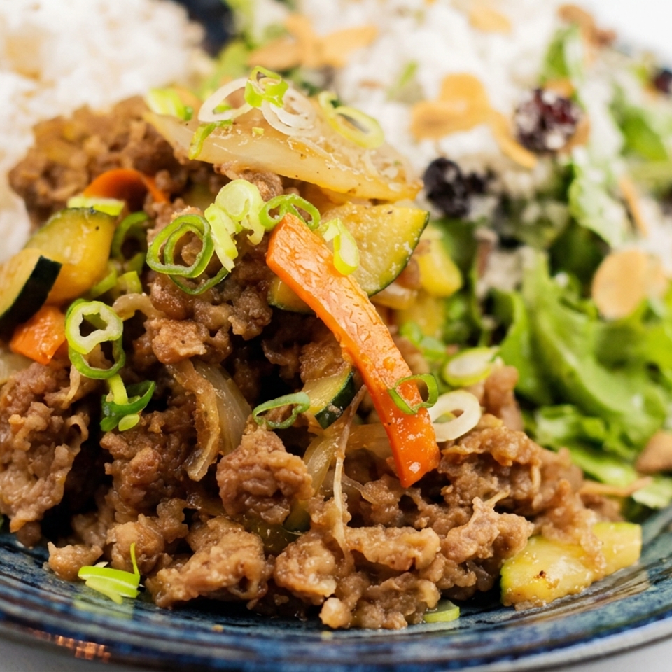 Plate of seasoned ground beef stir-fried with vegetables, scallions, white rice, and green salad.